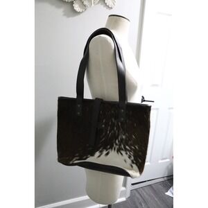 Western Linen Cowhide Fur Leather Tote Bag Brown White Animal Print Shoulder Bag